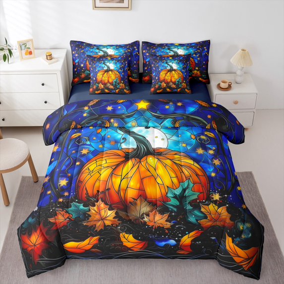 jejeloiu Orange Halloween Pumpkin Autumn Maple Galaxy Starry Sky Queen Comforter Sheet Set, Reversible Lightweight Children Bedding, 7pcs