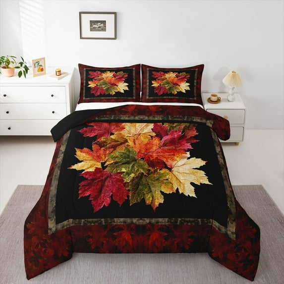 jejeloiu Orange Maples Bedding Comforter Set,Hello Fall Twin Comforter Sets,Autumn Leaves Bedding Set For Children,Microfiber Bedroom Decor Reversible,2 Pieces