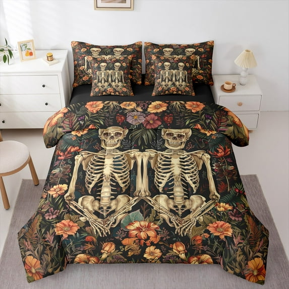 jejeloiu Orange Rustic Flower Funny Halloween Skull Gothic Skeleton Queen Comforter Sheet Set,Reversible Super Cozy Children Bedding,7pcs