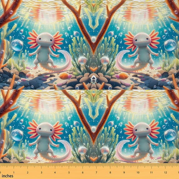 jejeloiu Orange Salamander Axolotl Fabric by the Yard 2 Yards,Magic Sea Animal Room Decor Fabric by the Yard,Aquatic Plants Fabric for Sewing For Children,Breathable Home Decor