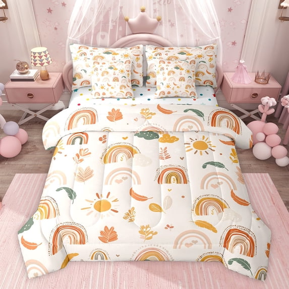 jejeloiu Orange Sun Rainbow 7 Pieces Bedding Comforter Set,Boho Bohemian Leaves Full Bedding Set For Kids Reversible