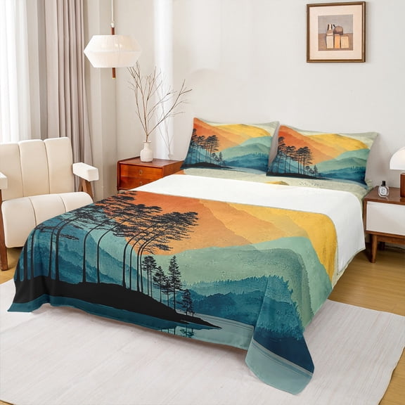 jejeloiu Orange Sunset Bed Sheets,Natural Scenery King Sheets,Boho Bohemian Style Sheet Set For Teens,Luxury Bedroom Decor,4 Pieces