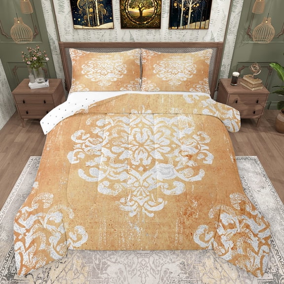 jejeloiu Orange White Bedding Comforter Set,Retro Victorian Print Twin Comforter Sets,Rustic Baroque Damask Bedding Set For Girls Teens,Luxury Bedroom Decor Reversible,2-Piece
