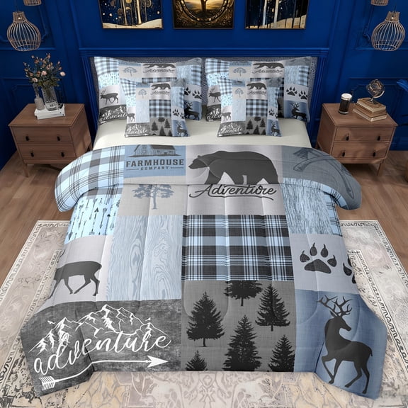 jejeloiu Outdoor Adventure 7-Piece Twin Bedding Sets,Jungle Animal Deer Bear Bedding Comforter Set,Rustic Western Farmhouse Sheet Sets For Men Women,Microfiber Bedroom Decor Reversible