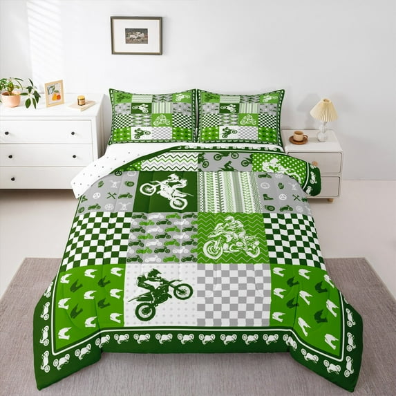 jejeloiu Outdoor Motocross Full Size Comforter Sets,Speed Sports Bedding Comforter Set,Green Geometric Plaid Bedding Sets For Boys,Lightweight Room Decorative Reversible,3-Piece