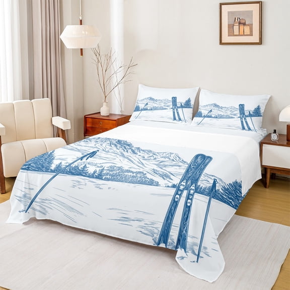 jejeloiu Outdoor Skiing Game Twin Sheet Sets,Snowboard Ski Sports Twin Fitted Sheet,Blue White Flat Sheet For Kids,Super Cozy Room Decor,3pcs
