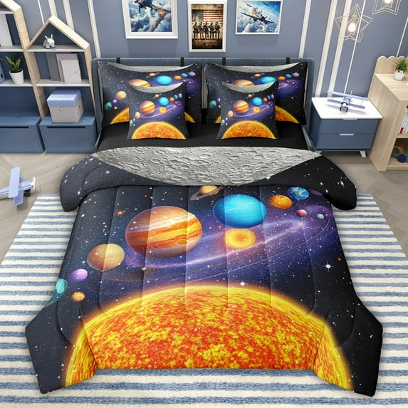 jejeloiu Outer Space 7-Piece Bedding Comforter Set,Galaxy Planet King Bedding Sets For Boys Kids Reversible