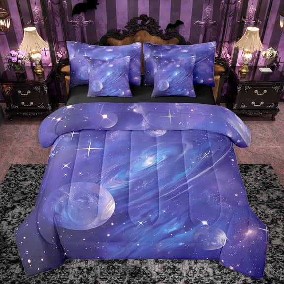 jejeloiu Outer Space 7 Pieces Bedding Comforter Set,Modern Aesthetic Art Full Bedding Set,Cosmos Planet Fitted Sheet Flat Sheet For Girls Kids,Super Cozy Room Decor Reversible