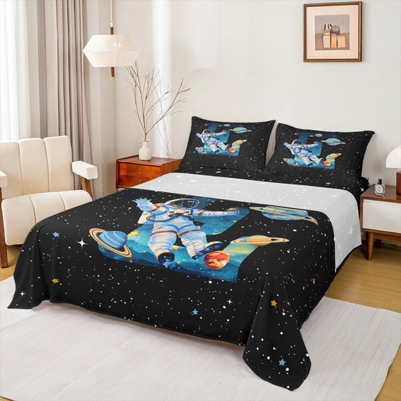 jejeloiu Outer Space Landscape Full Size Sheets,Cartoon Astronsut Galaxy Planet Bed Sheets,First Letter E Sheet Sets For Boys,Super Cozy Room Decor,4pcs