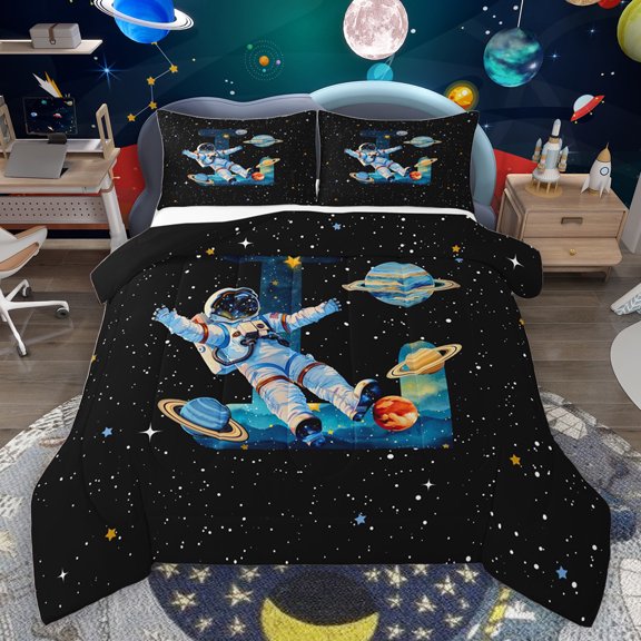 jejeloiu Outer Space Landscape Queen Comforter Set,Cartoon Astronsut Galaxy Planet Bedding Sets,First Letter L Bedding Comforter Set For Boys,Super Cozy Room Decor Reversible,3 Pieces