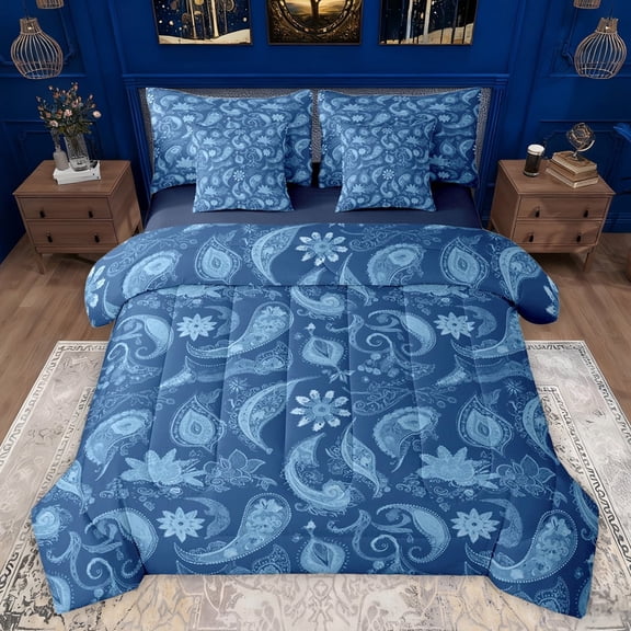 jejeloiu Paisley Flowers 7pcs Bedding Comforter Set,Rustic Floral Queen Bedding Sets,Blue Bohemian Floral Queen Sheet Sets For Men Women,Breathable Home Decor Reversible