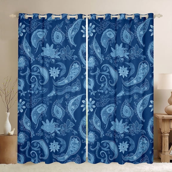 jejeloiu Paisley Flowers Blackout Curtains Set of 2 (52x84 Each),Rustic Floral Window Curtains,Blue Bohemian Floral Curtains and Drapes For Men Women,Breathable Home Decor