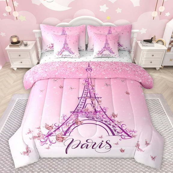 jejeloiu Paris Eiffel Tower 7-Piece Twin Bedding Sets,Cute Cartoon Butterflies Bedding Comforter Set,Pink Glitter Print Sheet Sets For Girls Kids,Microfiber Bedroom Decor Reversible