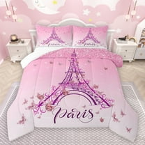 jejeloiu Paris Eiffel Tower Bedding Comforter Set,Cute Cartoon Butterflies Twin Comforter Sets,Pink Glitter Print Bedding Set For Girls Kids,Microfiber Bedroom Decor,2pcs