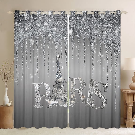 jejeloiu Paris Eiffel Tower Blackout Curtains Set of 2 (52x84 Each),Glitter Diamond Print Window Curtains,Gray Silver Curtains and Drapes For Girl,Lightweight Bedroom Decorative