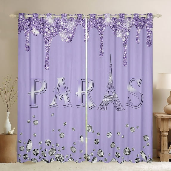 jejeloiu Paris Eiffel Tower Blackout Curtains Set of 2 (52x84 Each),Glitter Print Window Curtains,Purple Silver Curtains and Drapes For Girl,Lightweight Bedroom Decorative