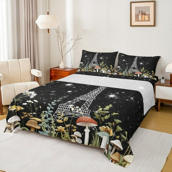jejeloiu Paris Eiffel Tower Full Size Sheets,Cartoon Mushroom Bed Sheets,Galaxy Starry Night Sheet Sets For Children,Super Cozy Bedroom Decoration,4pcs