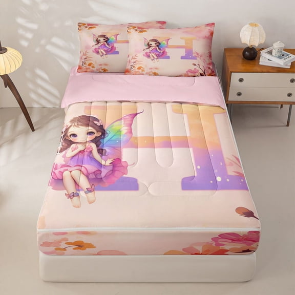 jejeloiu Pastel Floral Monogram H Zipper Twin Comforter Sets with Fitted Sheet and 2 Pillowcases For Princess,Kawaii Elf Girls Zipper Bedding Set For Kids,Pink Reversible,4 Pieces