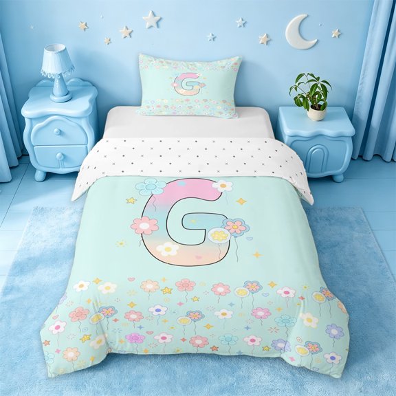 jejeloiu Pastel Gradient Initial G Twin Bedding For Girls,Kawaii Flower Monogram Print Duvet Cover Set,Reversible,2pcs(No Comforter)