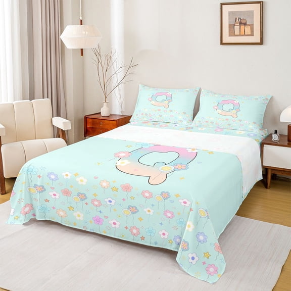 jejeloiu Pastel Gradient Initial Q Bed Sheets For Girls,Kawaii Flower Monogram Print King Sheets,4pcs