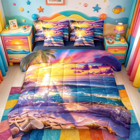 jejeloiu Pastel Ocean Waves 7-Piece Twin Bedding For Girls,Starfish Seashell Shore Bedding Comforter Set,Purple Blue,Navy Blue Reversible