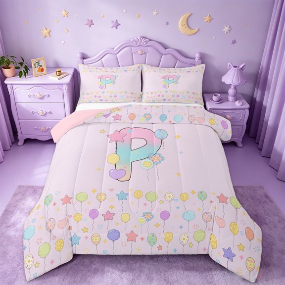jejeloiu Pastel Rainbow Initial P Full Size Comforter Sets For Kids,Cartoon Balloon Alphabet Print Bedding Sets,Pink Reversible,3 Pieces