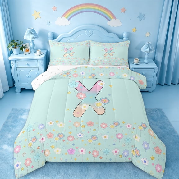jejeloiu Pastel Rainbow Initial X Full Size Comforter Sets For Girls,Floral Gradient Monogram Print Bedding Sets,Reversible,3pcs