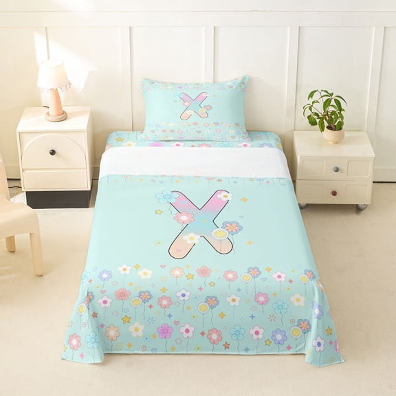 jejeloiu Pastel Rainbow Initial X Twin Sheet Sets For Girls,Floral Gradient Monogram Print Bedding,3 Pieces