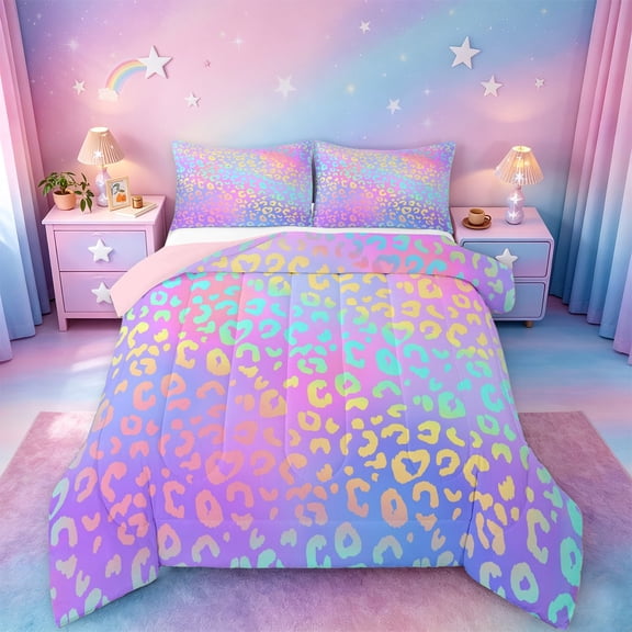 jejeloiu Pastel Rainbow Leopard Print Full Size Comforter Sets Kids,Colorful Animal Pattern Bedding Sets,Reversible,3pcs