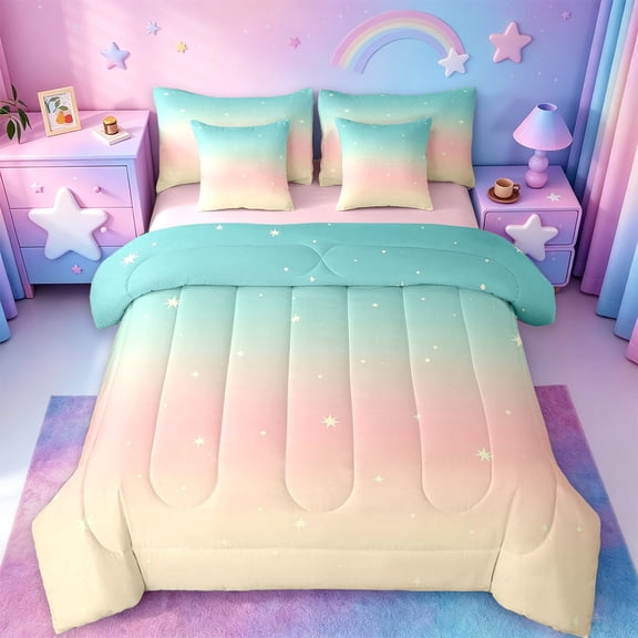 jejeloiu Pastel Star Gradient 7pcs Bedding Comforter Set Kids,Simple Sky Pattern Queen Bedding Sets For Girls,Reversible
