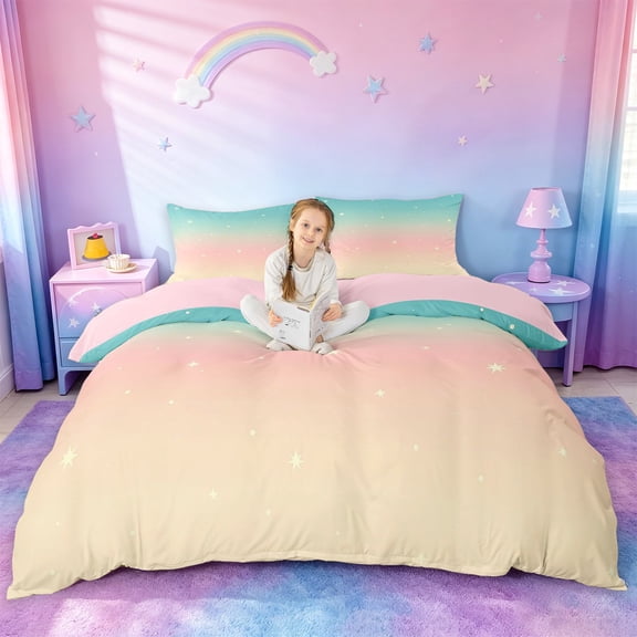 jejeloiu Pastel Star Gradient Duvet Cover Set Kids,Simple Sky Pattern Bedding Full For Girls,Reversible,3pcs(No Comforter)