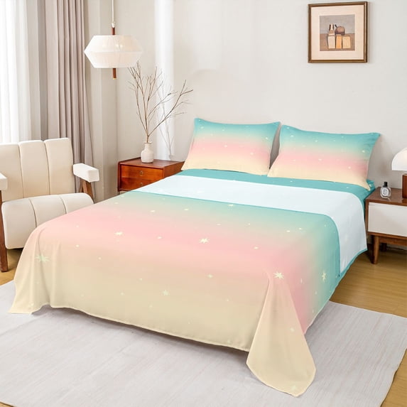 jejeloiu Pastel Star Gradient Queen Sheet Sets Kids,Simple Sky Pattern Bed Set For Girls,4-Piece