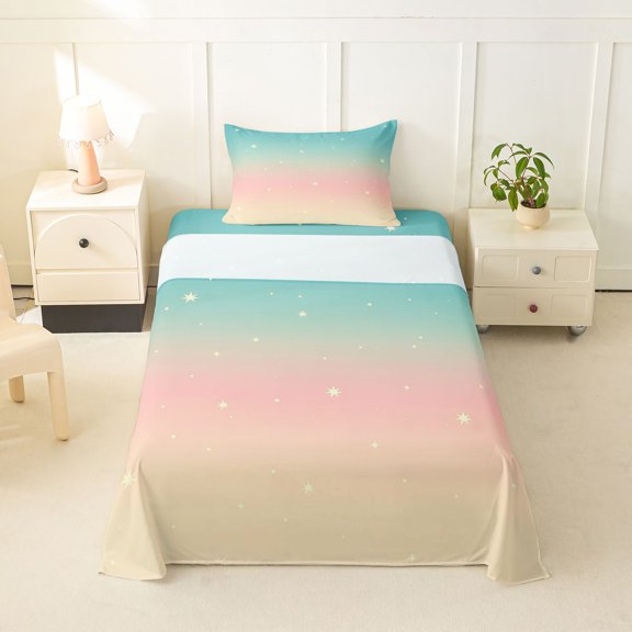 jejeloiu Pastel Star Gradient Twin Sheet Sets Kids,Simple Sky Pattern Bedding For Girls,3 Pieces