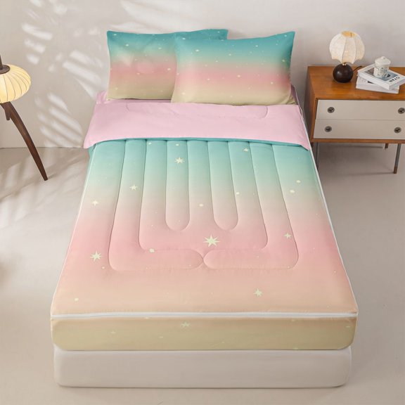 jejeloiu Pastel Star Gradient Zipper Twin Comforter Sets with Fitted Sheet and 2 Pillowcases Kids,Simple Sky Pattern Zipper Bedding Set For Girls,Reversible,4 Pieces
