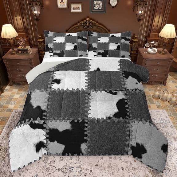 jejeloiu Patchwork Cattle Hide Bedding Comforter Set,Rustic Western Farmhouse Twin Comforter Sets,Gray White Cowhide Plaid Bedding Set For Men Women,Breathable Home Decor Reversible,2 Pieces