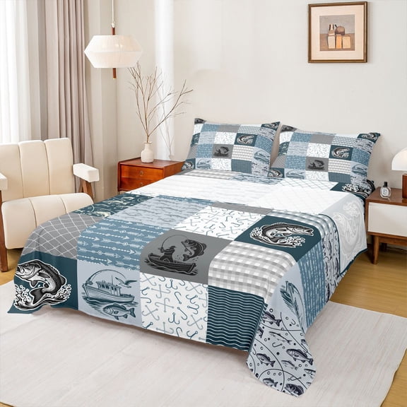 jejeloiu Patchwork Fishing Theme Bed Sheets,Fish Hook Boat Print Full Size Sheets For Boys,Blue Grey,4pcs,1 Flat Sheet, 1 Fitted Sheet and 2 Pillowcases