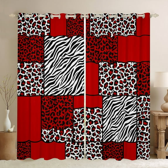 jejeloiu Patchwork Geometric Checkered Blackout Curtains Set of 2 (52x84 Each),Leopard Zebra Print Window Curtains,Red White Black Curtains and Drapes For Girls Kids,Ultra Soft Home Decor