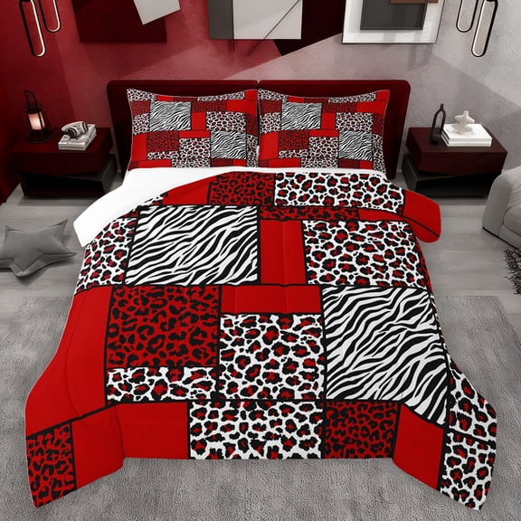 jejeloiu Patchwork Geometric Checkered Queen Comforter Set,Leopard Zebra Print Bedding Sets,Red White Black Bedding Comforter Set For Girls Kids,Ultra Soft Home Decor,3pcs