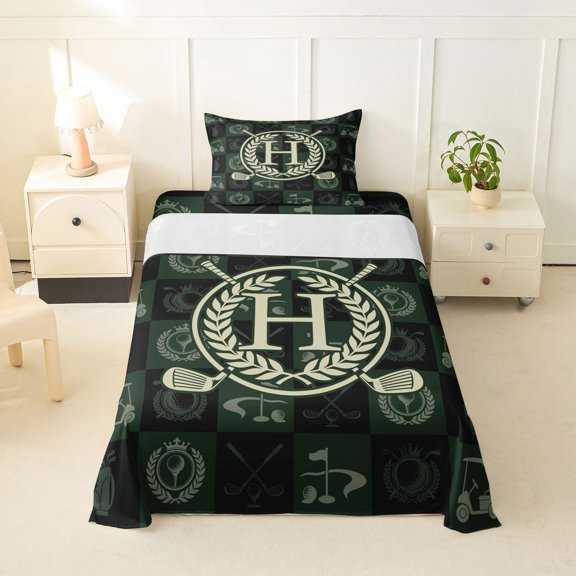 jejeloiu Patchwork Geometric Plaid Twin Sheet Sets For Kids,Golf Theme Monogram H Print Bedding,3 Pieces