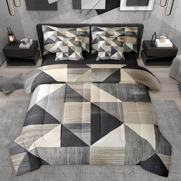 jejeloiu Patchwork Triangle 7-Piece Twin Bedding Sets,Vintage Geometric Pattern Bedding Comforter Set,Gray Black Beige Sheet Sets For Adults,Breathable Home Decor Reversible