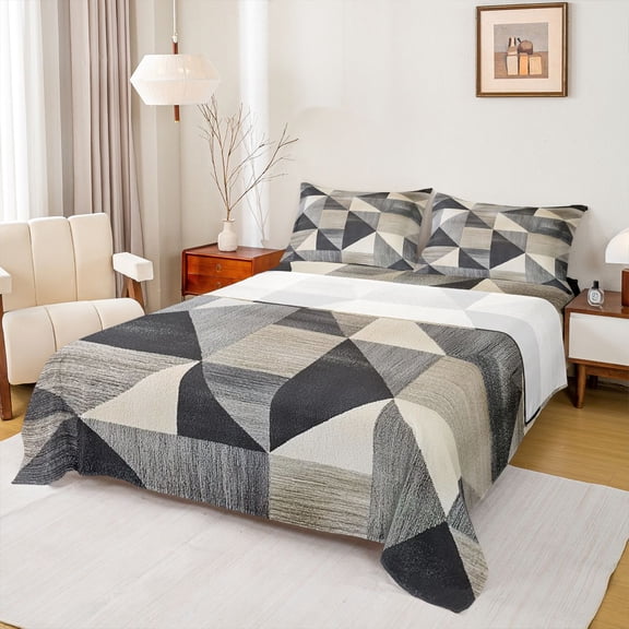 jejeloiu Patchwork Triangle Full Size Sheets,Vintage Geometric Pattern Bed Sheets,Gray Black Beige Sheet Sets For Adults,Breathable Home Decor,4 Pieces