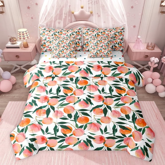 jejeloiu Peach 7-Piece Twin Bedding Sets,Summer Fruit Bedding Comforter Set,Pink White Green Sheet Sets For Girls Kids,Breathable Home Decor Reversible