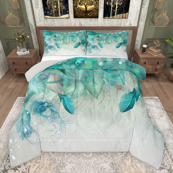 jejeloiu Peacock Feather Full Size Comforter Sets,Modern Aesthetic Art Bedding Comforter Set,Cayn White Bedding Sets For Girls Kids,Luxury Bedroom Decor Reversible,3-Piece