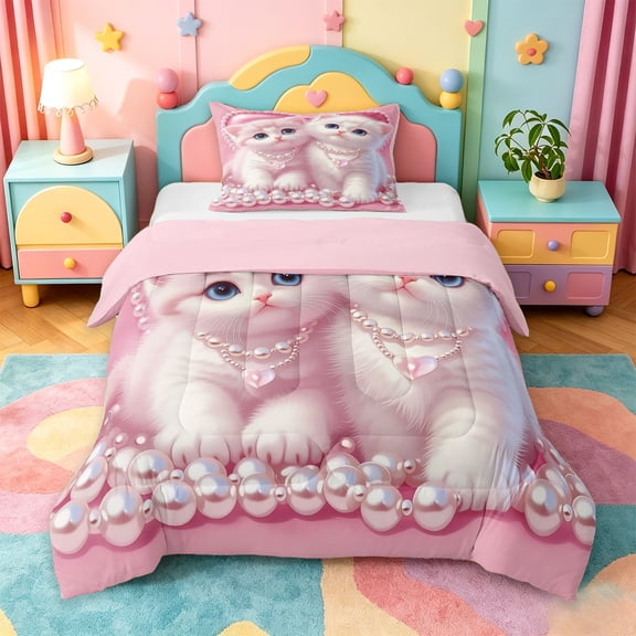 jejeloiu Pearl Kitten Twin Comforter Sets Kids,Cute Pet Cat Print Bedding Set,Reversible,2 Pieces