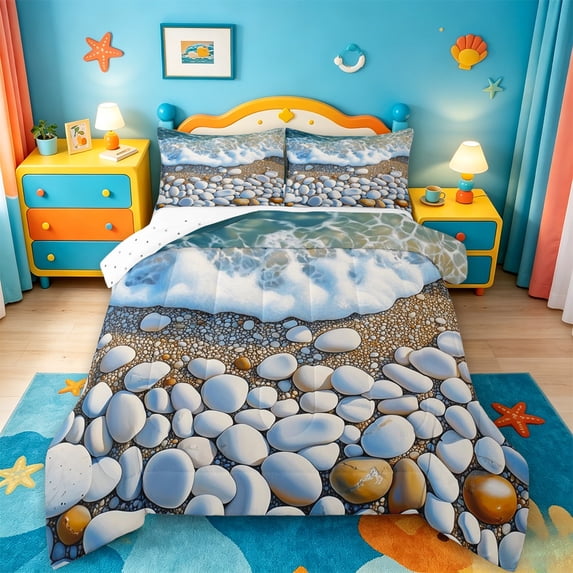 jejeloiu Pebble Beach Wave Full Size Comforter Sets,Coastal Stone Scene Bedding Comforter Set For Boys,Blue White,Reversible,3 Pieces,1 Comforter and 2 Pillowcases