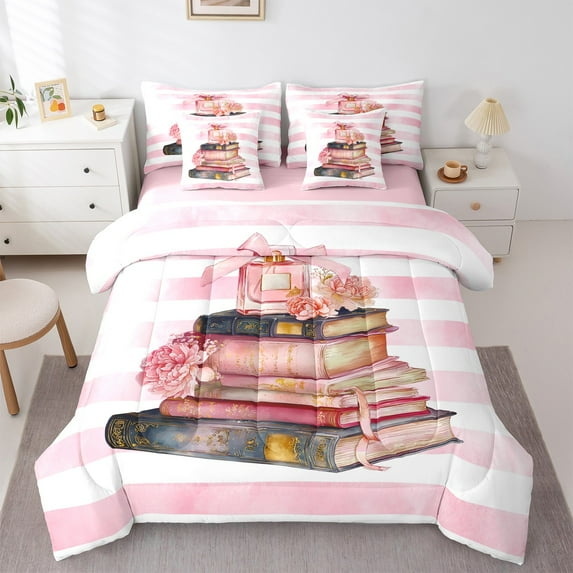jejeloiu Perfume Flower Books Bedding Comforter Set 7pcs,Geometric Stripes Lines Queen Bedding Sets,Pink White Queen Sheet Sets For Girl,Luxury Bedroom Decor Reversible
