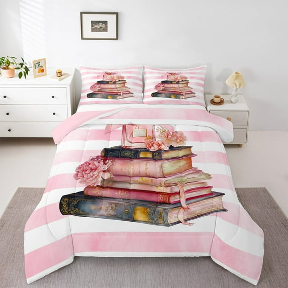 jejeloiu Perfume Flower Books Full Size Comforter Sets,Geometric Stripes Lines Bedding Comforter Set,Pink White Bedding Sets For Girl,Luxury Bedroom Decor Reversible,3-Piece