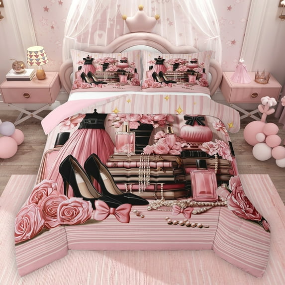 jejeloiu Perfume High Heels Bedding Comforter Set,Romantic Valentine Rose Twin Comforter Sets,Pink Flowers Floral Bedding Set For Girls Kids,Super Cozy Room Decor Reversible,2pcs