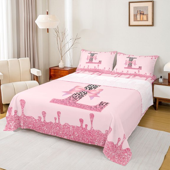 jejeloiu Personalized Cheetah Initial L Bed Sheets For Girls,Pink Glitter Cream Drip Print King Sheets For Kids,4pcs