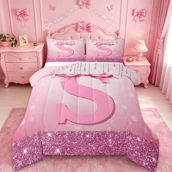 jejeloiu Personalized Gifts Bow Bedding Comforter Set,Letter S Twin Comforter Sets,Pink Bling Print Bedding Set For Children,Lightweight Room Decoration Reversible,2pcs